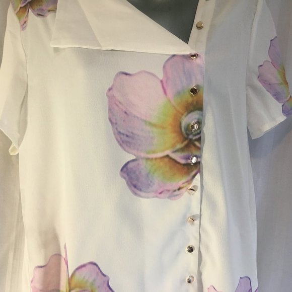 MissLook Womens Button Floral Print Light Blouse Top Sz Med White Floral Flower - Picture 4 of 13